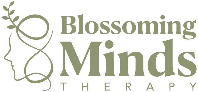 Blossoming Minds Therapy logo with a stylised head profile and olive branch